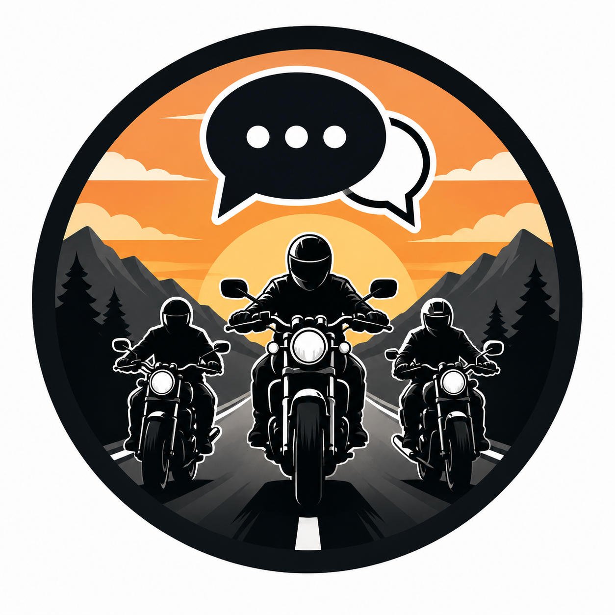 Tre motociclisti su una strada di montagna al tramonto, con fumetti di chat sopra di loro