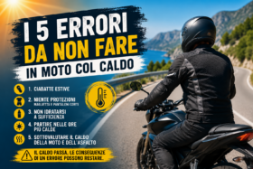 5 errori da non fare in moto col caldo: ciabatte, niente protezioni, poca idratazione, partire nelle ore più calde, sottovalutare il caldo