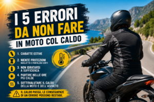 5 errori da non fare in moto col caldo: ciabatte, niente protezioni, poca idratazione, partire nelle ore più calde, sottovalutare il caldo