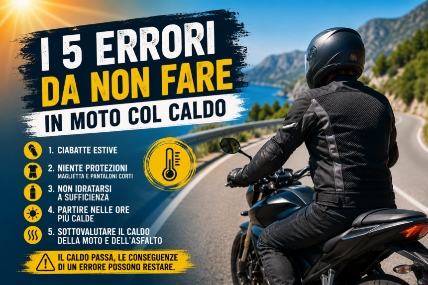 5 errori da non fare in moto col caldo: ciabatte, niente protezioni, poca idratazione, partire nelle ore più calde, sottovalutare il caldo